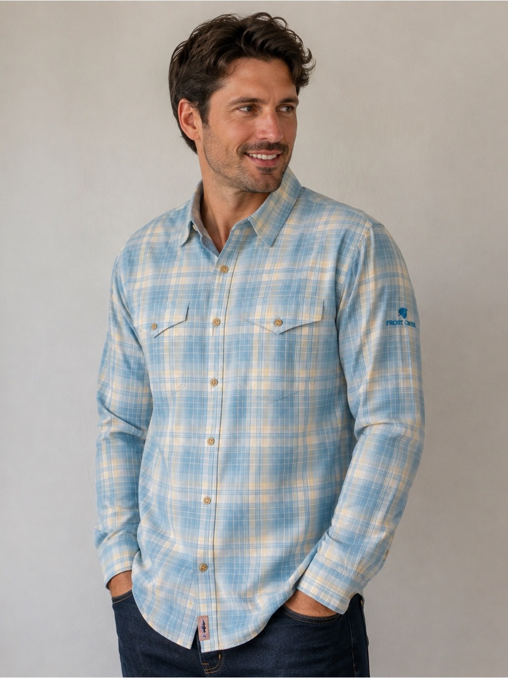 Patagonia Frost Creek Large Blue and Yellow Plaid Long Sleeve Shirt
